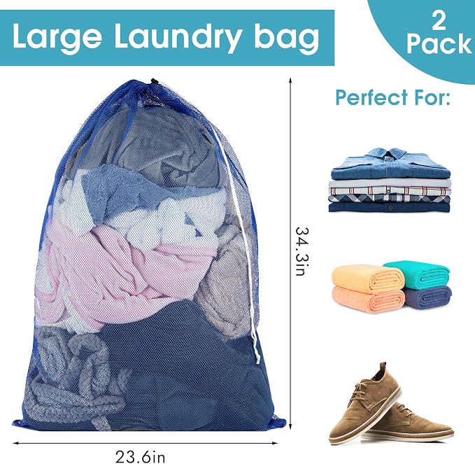 2 Pack Mesh Laundry Bags 23x34 Inch Drawstring Locking for Travel Home | Mesh bags with locking drawstring, Tear-resistant for blankets & towels, Lightweight foldable for travel/dorm