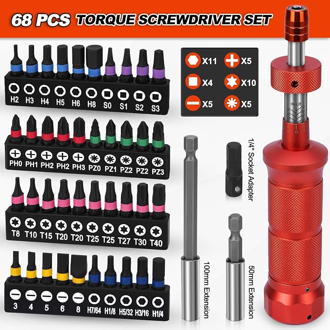 68Pcs Torque Screwdriver Wrench Set 10-70 IN.LB, Inch Pound Torque Driver | with S2 Steel Bits, 1/4" Drive, Magnetic Quick-Release Adapter for Bike Repair, Mounting and Maintenance
