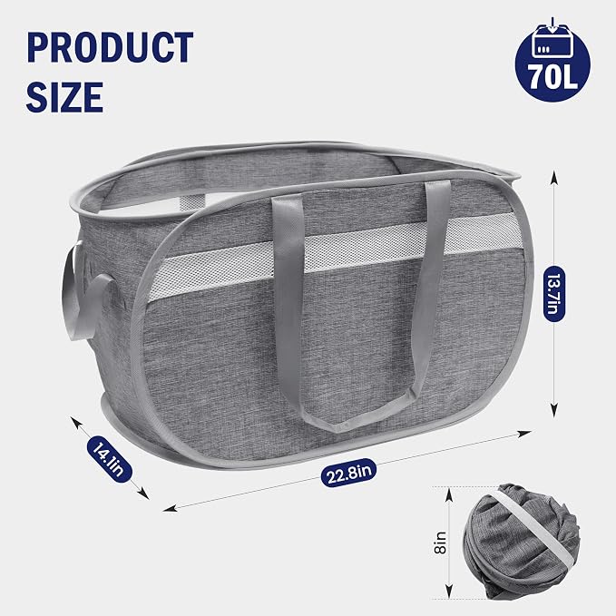 Collapsible Tear Proof Laundry Baskets with Dual Handles, Grey | 70L, Foldable, Pop up Hamper, Reinforced Durable Laundry Hamper for Home, Laundry, Bathroom, Dorm or Travel