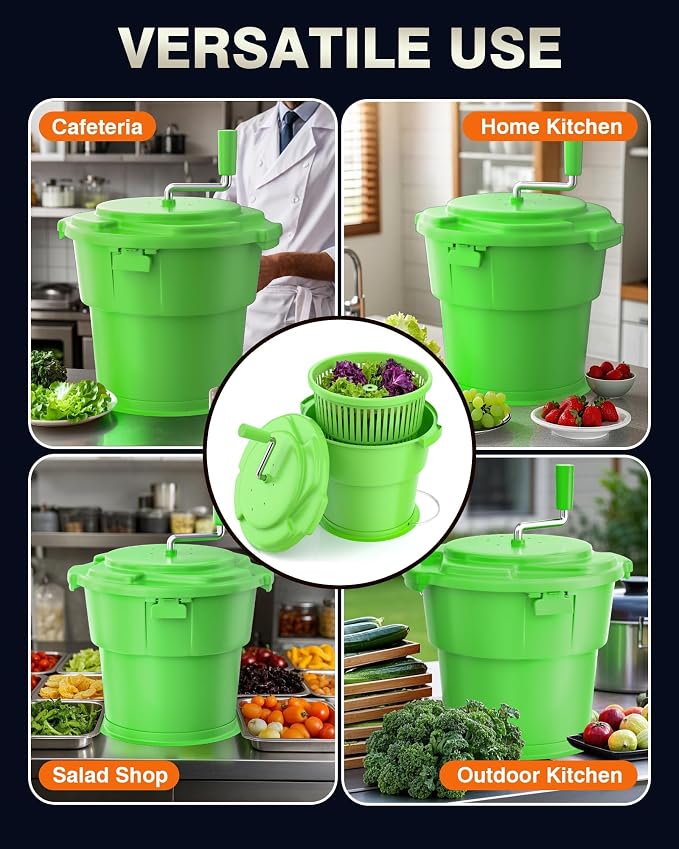 WantJoin Commercial Salad Spinner - [6 Gallon Salad Dryer] w/Silicone [Anti-slip Mat] & [Draining Hose], 24Qt Manual Salad Spinner for up to 7 Heads of Lettuce Spinner Large for Catering, Green