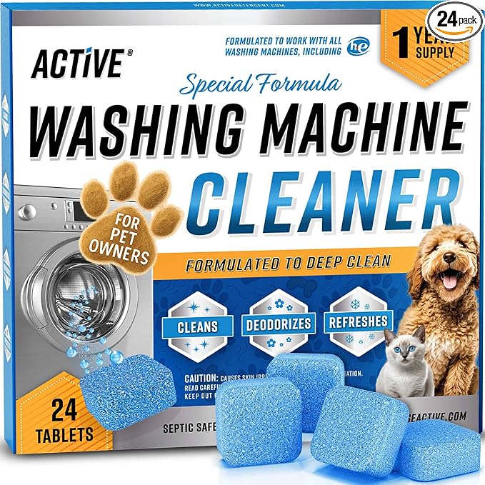 ACTIVE Washing Machine Cleaner for Pet Owners Enzymatic Deep Clean Descaler for Cat & Dog Hair, Urine, Odor, Residue, 24 Septic-Safe Tablets for Top Load, Front Loader, HE Washer Tub - 1 Year Supply