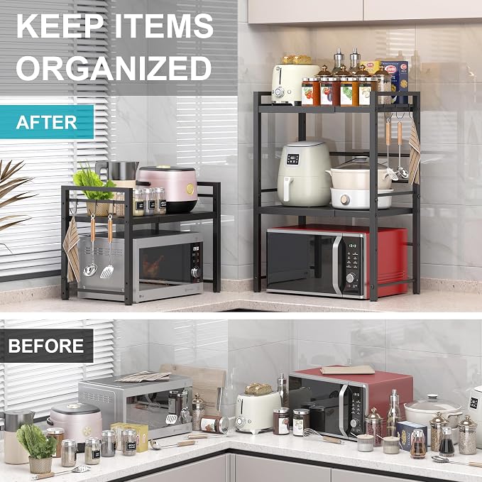 DOLALIKE Microwave Oven Rack, Expandable Microwave Stand Countertop Kitchen Utensils Tableware Storage, Carbon Steel Over Microwave Shelf Countertop with 3 Hooks | Adjustable Microwave Oven Rack Metal Storage Shelf with 3 Hooks for Pans Small Appliance...