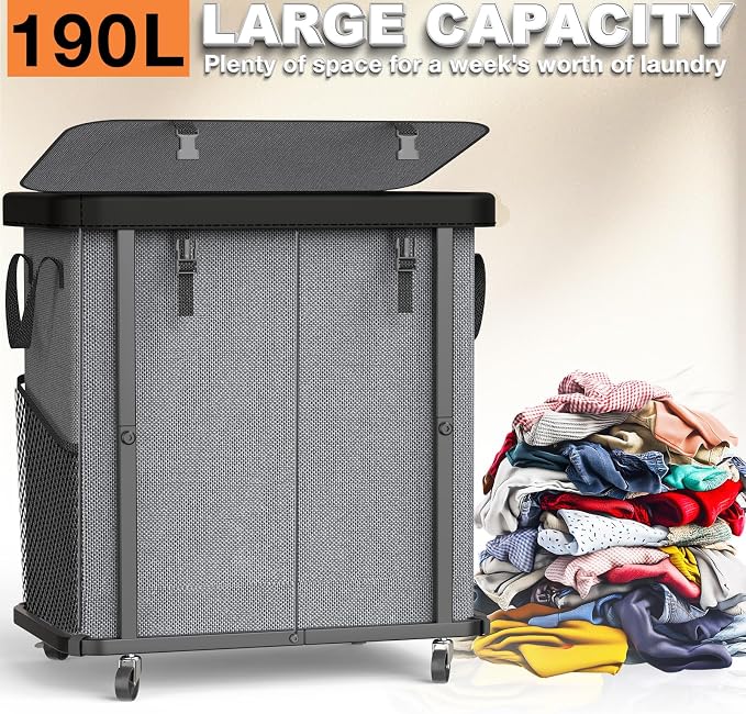 Laundry Basket with Wheels,190L (50 Gal) Laundry Hamper 2 Setion - Gray | Leather Patchwork,Sturdy Metal Frame, Removable Washable Bag, Tall Clothes Sorter for Bedroom