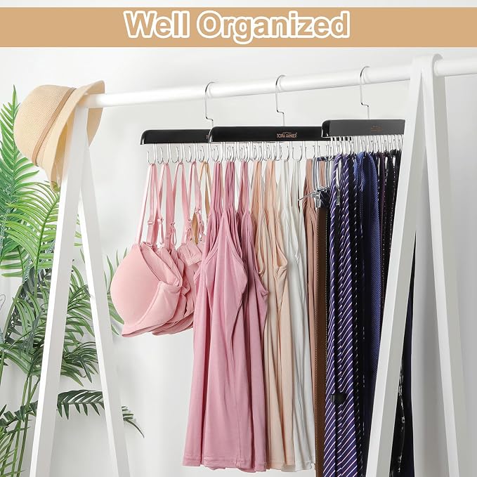 TOPIA HANGER 2 Pack Bra Hanger for Closet, Premium Wooden Tank Top Hangers | 40 Foldable Hooks, 360°Rotating Hooks, Easy to Install, Durable Solid Wood, Space Saving Storage for Tank Tops, Bras, Belts