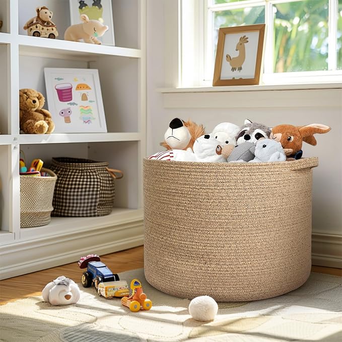MEGASKET 115L Extra Large Storage Basket, 23.6"x15.7" Woven Cotton Rope Basket, Giant Kids Dog Toy Bin, XXXL Boho Blanket Pillow Holder for Living Room, Brown Variegated Woven Baskets for Organizing