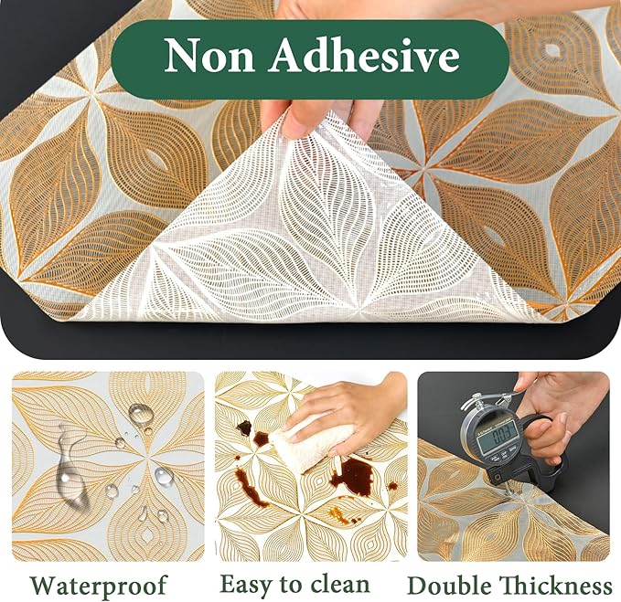 3D Drawer and Shelf Liner for Kitchen Cabinet: 12 in X 20 Ft Waterproof | Shelf Paper Non Adhesive Refrigerator Liners Golden Leaf Easy Liners for Bathroom with Knife Tape Measure