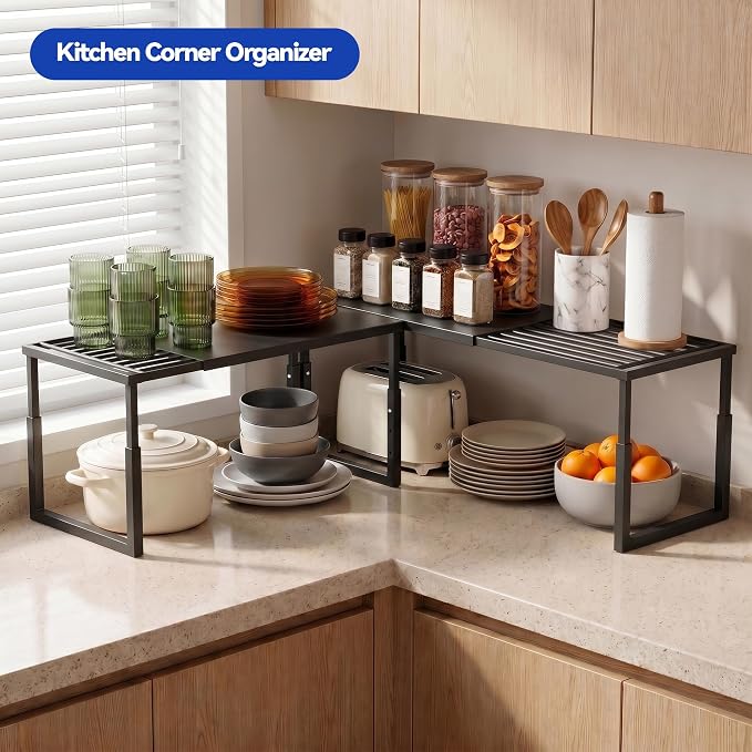 2 Packs Expandable Cabinet Shelf Organizer, Stackable Kitchen Countertop Storage Shelves, Heavy Duty Adjustable Pantry Organizer Rack for Cabinet, Cupboard, Under Sink & Spice Storage