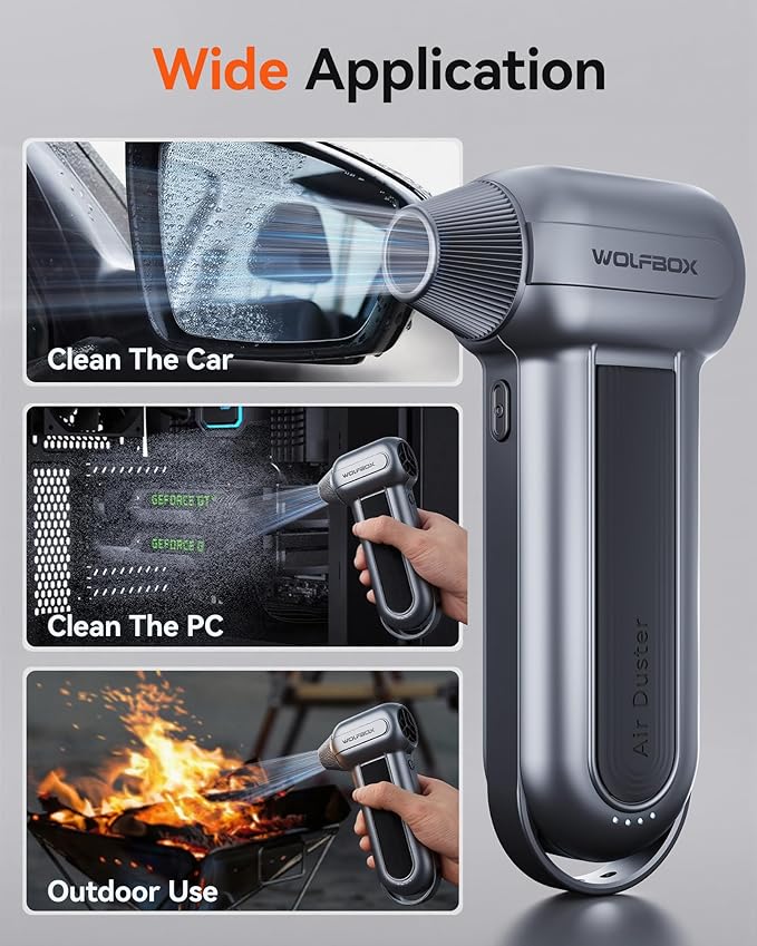 WOLFBOX MF100 Compressed Air Duster, 150000RPM Turbo Fan, 45 m/s Airflow | 3-Gear Adjustable Speed, Type-C Fast Charging, Lightweight 0.66 lb, 5 Nozzles & 2 Brushes, For Computer Keyboard Car Outdoor