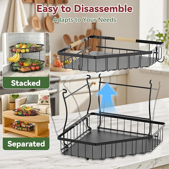 2 Tier Fruit Basket for Kitchen Counter - Detachable Metal Fruit Bowl with 2 Banana Hangers for Corner , Large Capacity Fruit Stand with Wooden Handle for Bread Fruit and Vegetable Storage- Black