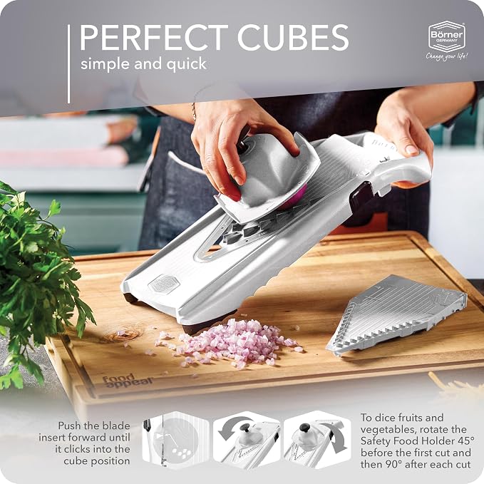 Mandoline Food Slicer Börner V5 (Profi Set) by Reston Lloyd • V-Slicer with 4 Inserts, Docking Station & Food Holder • Made in Germany • Fruit & Vegetable Chopper • Multiple Settings • Color: White