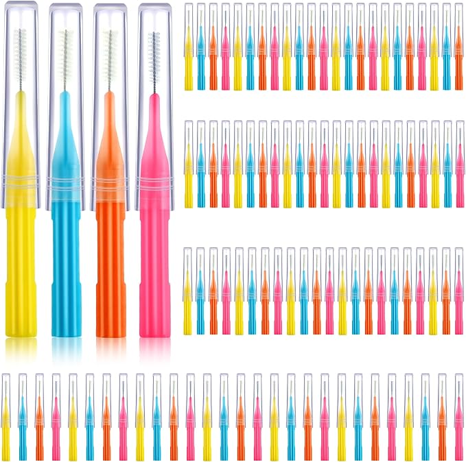 Patelai 100 Count Interdental Brush Set, Soft Braces Cleaner Picks with Cap, Multi Size Teeth Gap Cleaning Tool for Orthodontic Care Bridge Implant Travel Kit(Light Blue,Pink,Yellow,Orange)
