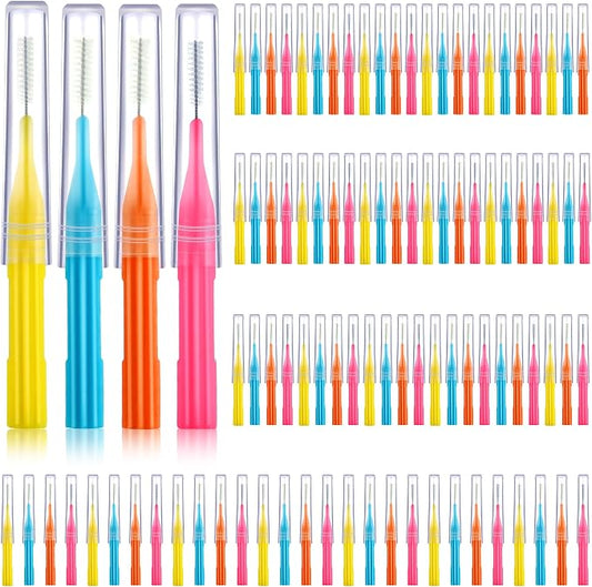 Patelai 100 Count Interdental Brush Set, Soft Braces Cleaner Picks with Cap, Multi Size Teeth Gap Cleaning Tool for Orthodontic Care Bridge Implant Travel Kit(Light Blue,Pink,Yellow,Orange)