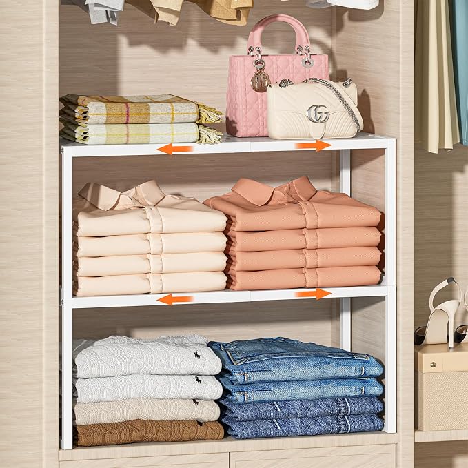 ThreeHio 2 Pack Stackable Closet Organizers and Storage Shelves, Expandable Metal Clothing Shelf, Adjustable Shelving Unit for Cabinet Wardrobe, Kitchen, Pantry, Sweater Clothes Cube Storage Organizer