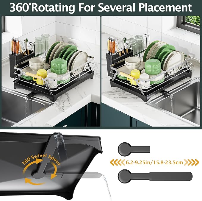 Epicano Dish Drying Rack for Kitchen Counter,Large Capacity,Silver | Raised Feet,Rustproof,Wooden Handle,Auto-Drainage System,Cup Holder & Knife Slots, Sink Storage Organizer