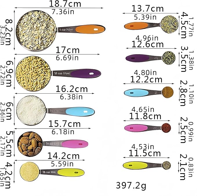 RUNZI 10 Pcs Measuring Cups and Spoons Set,Stackable Metal Measure Cup for Measuring Dry and Liquid Ingredients，Used Kitchen Dry Food, Cooking Baking Measurements,Silvery