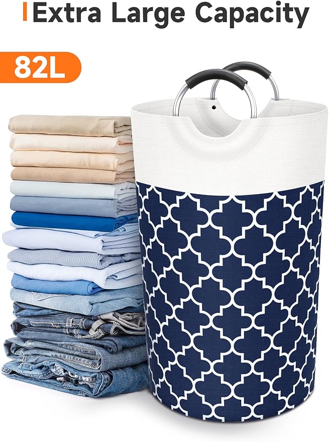 Large Laundry Basket 82L Tall Collapsible Hamper with Handles for Dorm Blue | Freestanding Laundry Hamper, Waterproof Dirty Clothes Storage Bag for College, Bathroom, Foldable Washing Bin for Travel