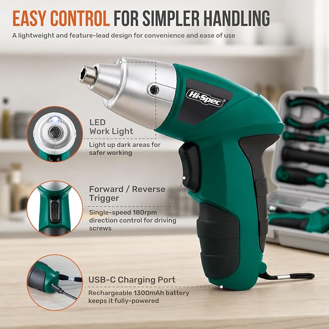 Hi-Spec 4V USB Electric Screwdriver Tool Kit for Home Repairs, Green | 42pc, fast assembly help, common screw bit selection, LED visibility, compact grip, quick household fixes, organized storage