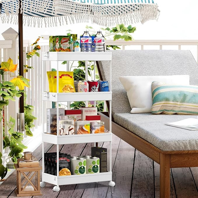 SPACEKEEPER Storage Cart, 4-Tier Mobile Shelving Unit, Bathroom Rolling Cart Utility Storage Organizer Shelf for Kitchen Living Room Bathroom Laundry Room & Dressers, White