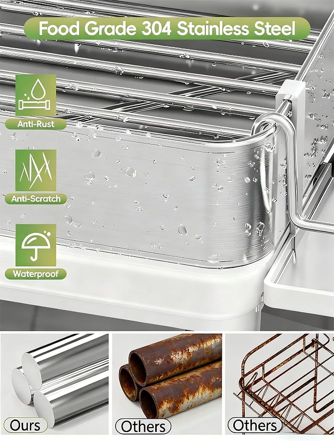 Dish Racks, Thicker Premium 304 Stainless Steel Dish Drying Rack for Kitchen Counter, Automatic Drainage Spout, Dish Drainer & Drainboard Set with Utensil Holder and Cup Holder, White