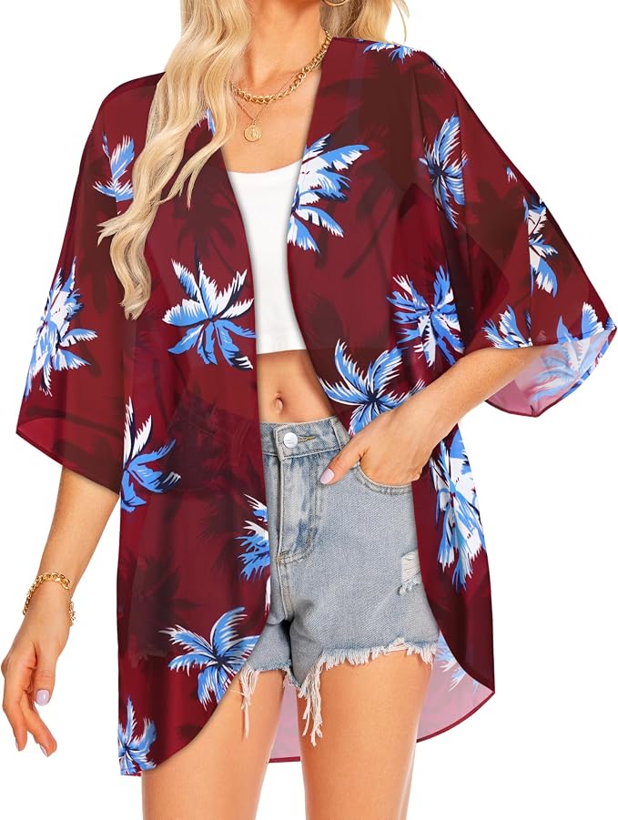 Women Kimono Cardigans Summer Cover Up Hawaiian Shirts Floral Print Tops | ROSEMIA chiffon kimono open front cardigans, beach cover ups, daily casual tops, cruise outfits, summer resort wear