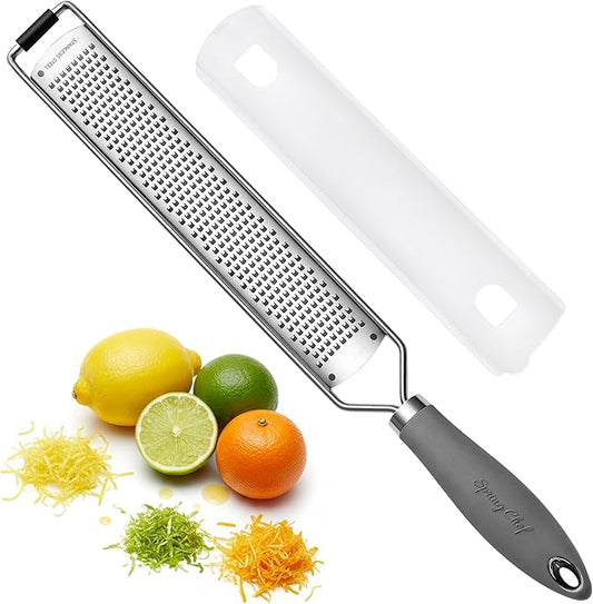 Spring Chef Stainless Steel Lemon Zester Grater with Handle - Garlic, Cheese, Parmesan, Nutmeg, Lime, Ginger Grater - Heavy Duty Kitchen Tool - Citrus Zester with Blade Cover - Fine Shred - Gray