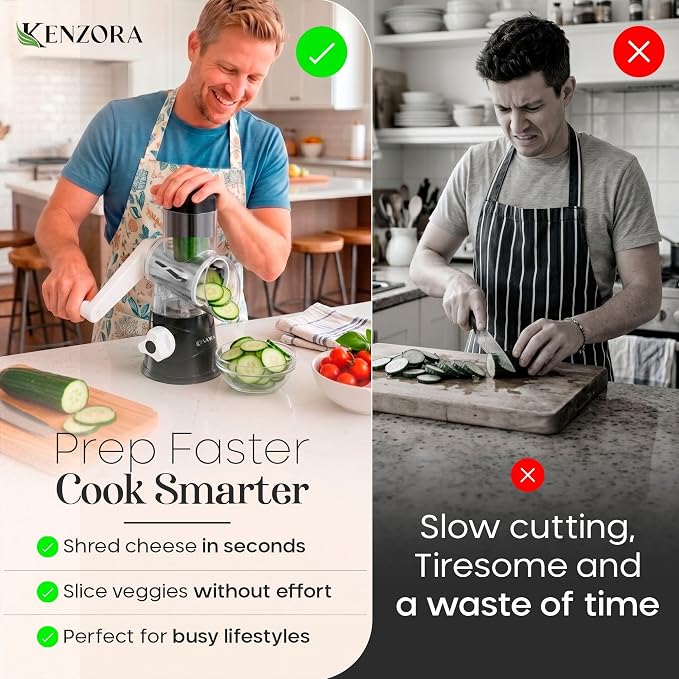 KENZORA Rotary Cheese Grater Hand Crank & Vegetable Chopper - 3-in-1 Manual Cheese Shredder with Handle - Fast Meal Prep Mandoline Slicer - Strong Suction Base & Safe Kitchen Gadgets, Black