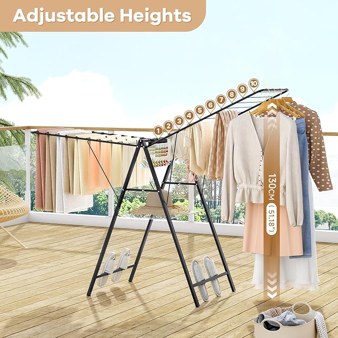 APEXCHASER 6 Height Adjustable Clothes Drying Rack with Shoe Slots, Black | Pre-Assembled, Stable Load Structure, 22 Drying Rails, Foldable Space-Saving For Efficient Indoor & Outdoor Airflow Drying