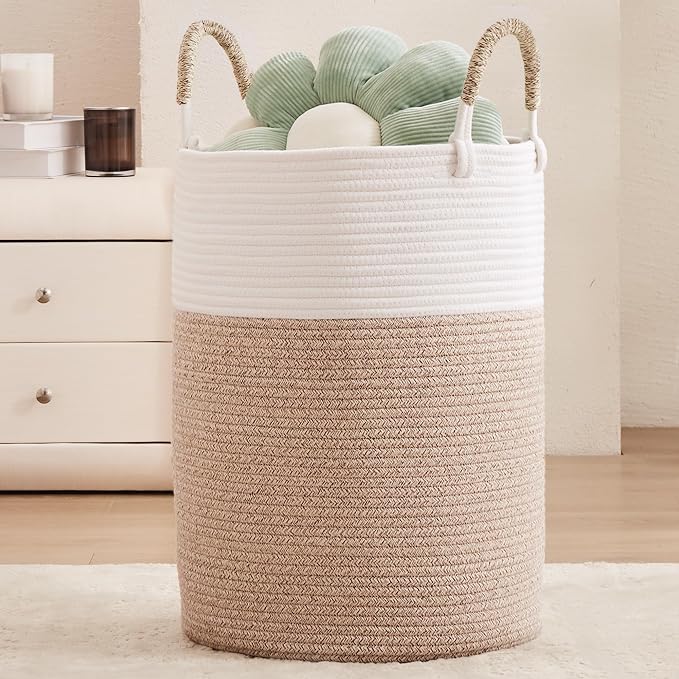 80L Extra Large Laundry Hamper Tall Woven Laundry Basket, Brown | Clothes Hamper, Blanket Basket for Living Room Bathroom Bedroom, 16"L x 16"W x 22"H