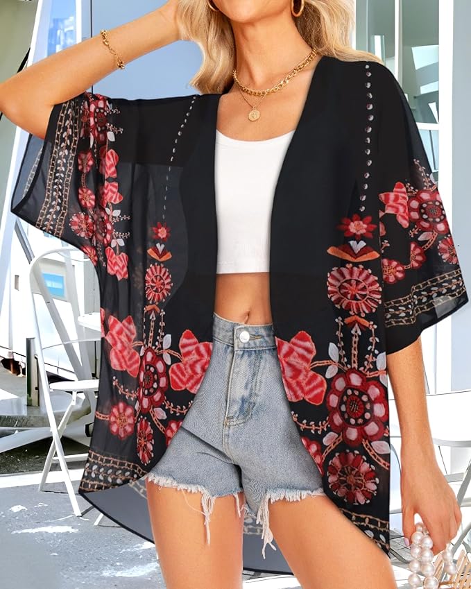 Women Kimono Cardigans Summer Cover Up Hawaiian Shirts Floral Print Tops | ROSEMIA chiffon kimono open front cardigans, beach cover ups, daily casual tops, cruise outfits, summer resort wear