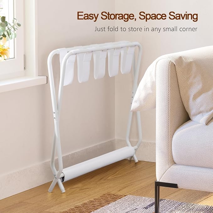 AMHANCIBLE Luggage Rack, Set of 2, Foldable Suitcase Stands for Guest Room | Metal Luggage Holder with Storage Shelf for Bedroom, Hotel, Easy Assemble, White