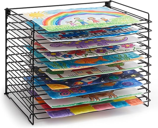 Wall Mount & Tabletop Art Drying Rack for Classroom, Art Storage Rack for Painting Canvas with10 Removable Shelves, Pizza Stone Pan Rack, Desk Organizers, Vinyl Roll Storage Holder