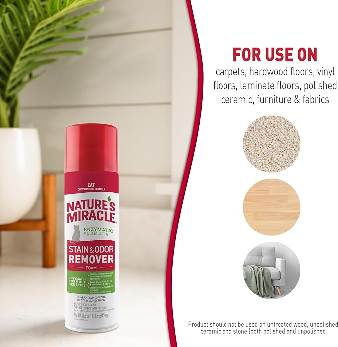 Nature’s Miracle Cat Stain & Odor Remover Foam, Enzymatic Cleaner, 17.5 oz | Tough on Cat Urine, Feces, Vomit, Drool and Other Organic Stains and Odors, Foam Penetrates Into the Carpet, Fresh Scent