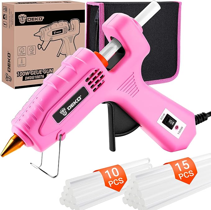 Hot Glue Gun Full Size: DEKOPRO 60/100Watt Dual Temp Hot Glue Gun Kit with 25 Glue Sticks, Organize Storage Case, Heavy Duty Heat Glue Gun Tool Set for Home Repair, Art & Crafts, DIY Pink