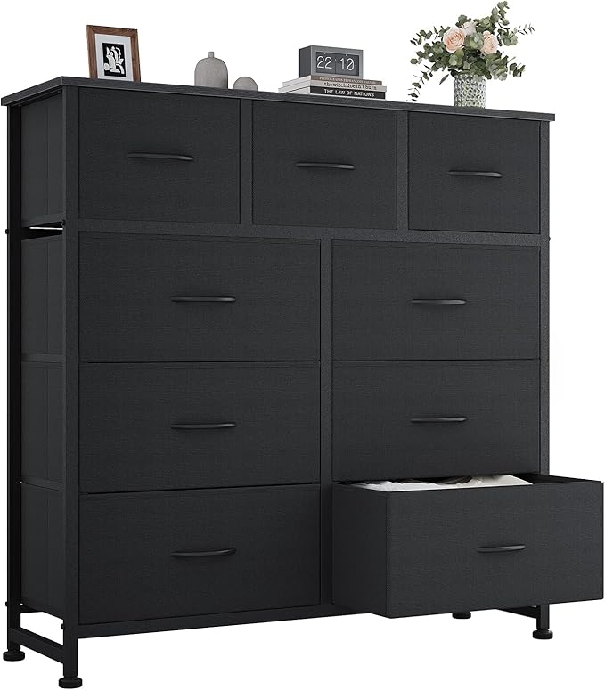 OLIXIS 9 Drawer Fabric Storage Dresser Chest Organizer Unit, Black | Sturdy and lightweight fabric drawers with easy-pull handles. Space-saving versatile organizer for clothes, bedroom