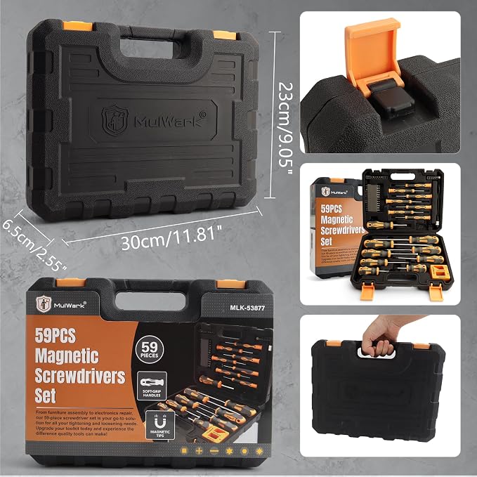 MulWark Magnetic Screwdriver Set with Case, Screw Driver Set Kit 59 Piece Includs Phillips, Hex, Pozidriv, Torx and Precision Screw Driver Set, Replaceable Screwdriver Bit Set for Men, Dad, Husband