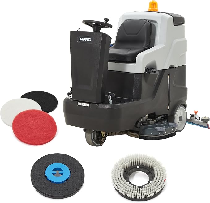 Battery Powered Ride-On Commercial Floor Scrubber Machine, 38" Brush, 48" Squeegee Width, 46 gal Solution Tank, 48 gal Recovery Tank, 5 hr Use 8 hr Charge, 180 RPM, 84,000 Sqft/H, Batteries Included