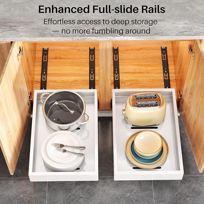2Pack Pull out Cabinet Organizer, 21"Deep, 20"Wide Full-extension Heavy Duty Slide out Drawers Fixed with Adhesive Nano, Roll Out Shelves Sliding Cabinet for Kitchen,Bathroom,Pantry,Under Sink(White)