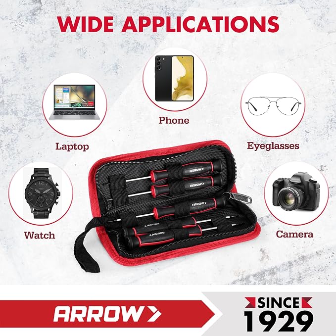 ARROW 5-Piece Precision Screwdriver Set with Pouch, Phillips, Slotted | Small Magnetic Screwdriver Set, Cr-V Steel, Non-Slip Grip, for Eyeglass, Watch, Computer, Laptop, Phone Repair