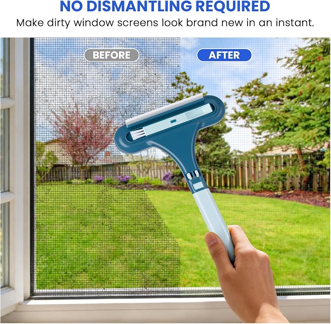 3-in-1 Screen Cleaning Brush with Squeegee - Window Mesh Cleaner & Pet Hair Remover for Couch, Multi-Use Crevice Tool for Patio and Porch Screens (Cyan Blue)