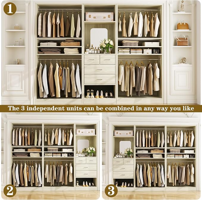 Unikito 98” Closet System with Mirror & 4 Drawers, 8.2FT Heavy Duty Wood Closet Organizer with 4 Hanging Rods, Large Walk-in Wardrobe Garment Rack with Adjustable Shelves, White Oak