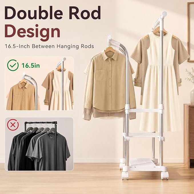 RORA Double Rod Clothes Rack, Clothing Rack with wheels, Extendable, Silver | Stainless Steel, Ideal for Bedroom & Laundry Room, Height-Adjustable, 2-Tier Shelves, Portable Garment Rack, Wardrobe Rack