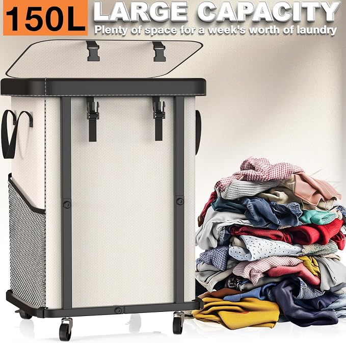 Laundry Basket with Wheels,150L Leather Patchwork Rolling Hamper Carts | Sturdy Metal Frame, Removable Washable Bag, Tall Clothes Sorter for Bedroom, Laundry Room - Beige