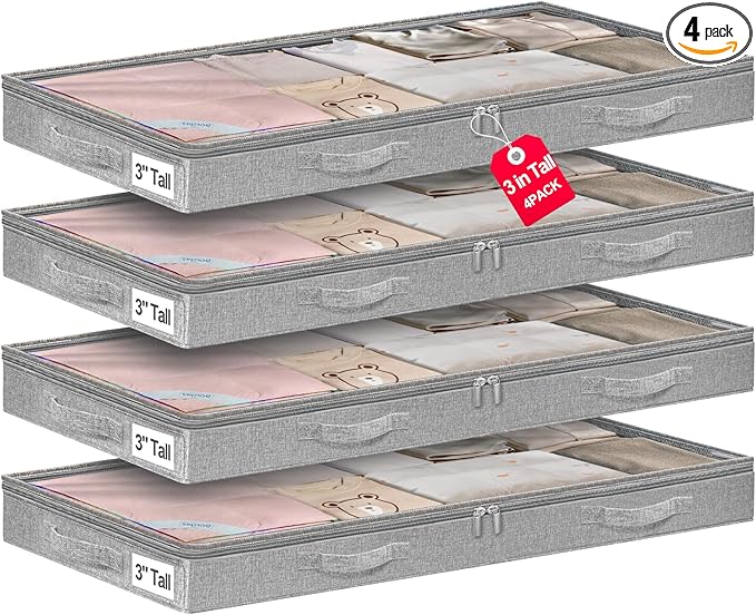 punemi Low-Profile Under Bed Storage Containers, 20 x 40 x 3 in, 4 Pack | No Rigid Structure, Soft Cloth Construction, Foldable, Zippered, for Blanket Storage, Under Crib, Couch, Sofa & Dorm Bed