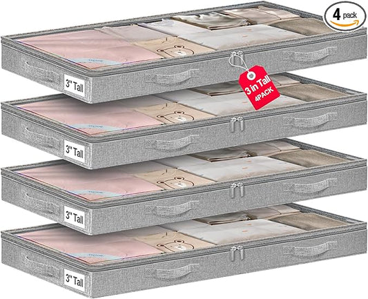 punemi Low-Profile Under Bed Storage Containers, 20 x 40 x 3 in, 4 Pack | No Rigid Structure, Soft Cloth Construction, Foldable, Zippered, for Blanket Storage, Under Crib, Couch, Sofa & Dorm Bed