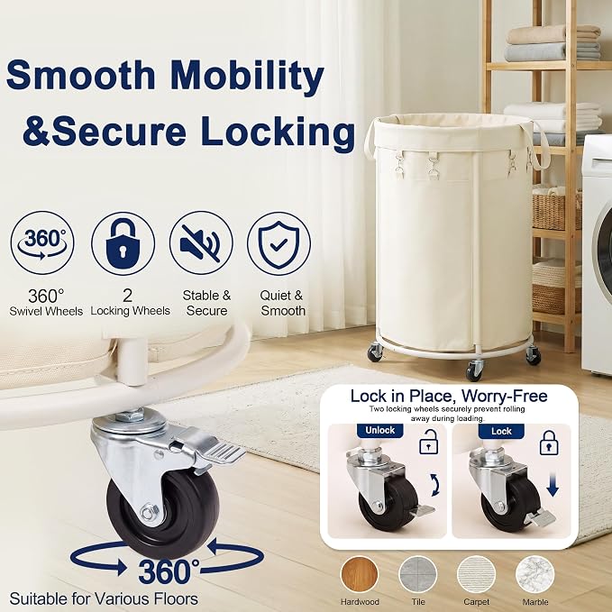 150L Large Capacity Rolling Laundry Basket Hamper with Wheels, Clothes hamper and Removable Bag for Home, Laundry Room, Bedroom, Bathroom, Apartment, Dorm