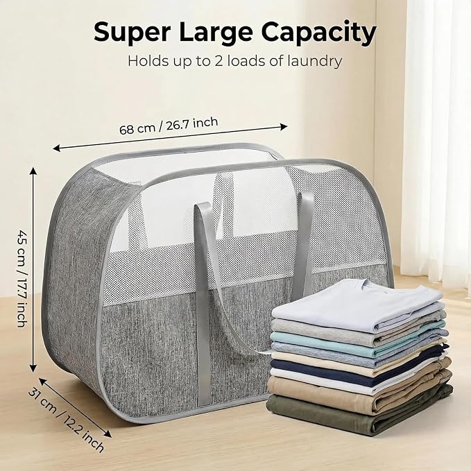 95L Collapsible Laundry Basket, Dirty Clothes Hamper | Foldable Laundry Hamper with Handles, Breathable Mesh Design, Sturdy Steel Frame, For Bedroom, Dorm, Bathroom