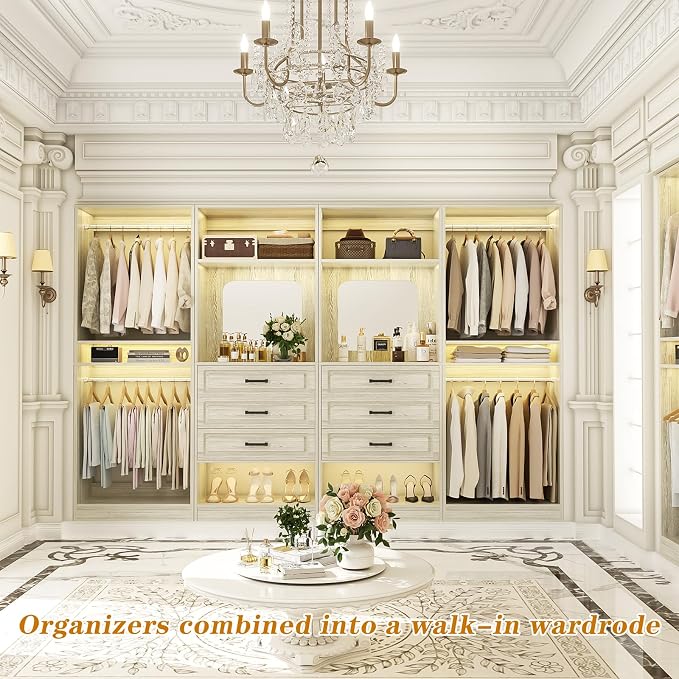 Unikito Closet System with Drawers, 100” Wood Closet Organizer with Hanging Rods and Mirror, Large Walk in Wardrobe Garment Rack with Adjustable Shelves, Freestanding Closet Tower, White Oak