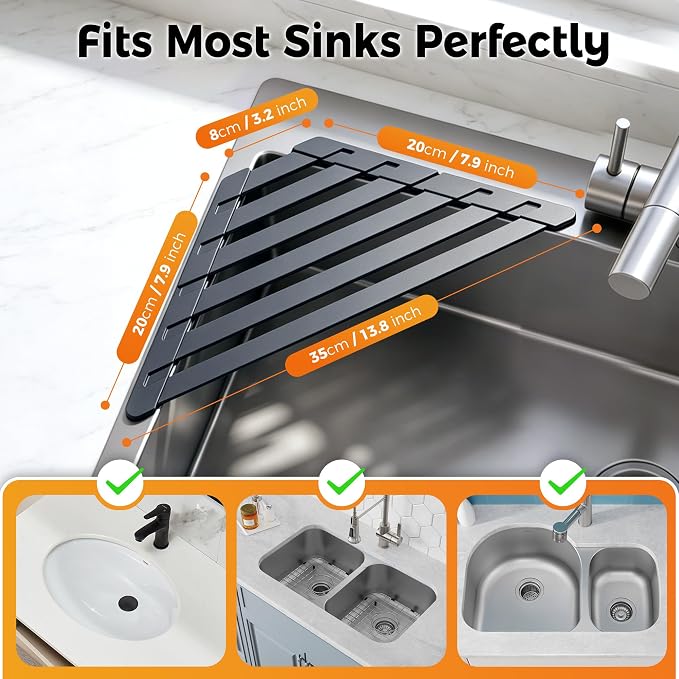 Sink Corner Drying Rack - Foldable Triangular Sink Sponge Holder, Dish Drying Rack Over the Sink, Kitchen Sink Accessories (Grey, 13.78" x 7.87")