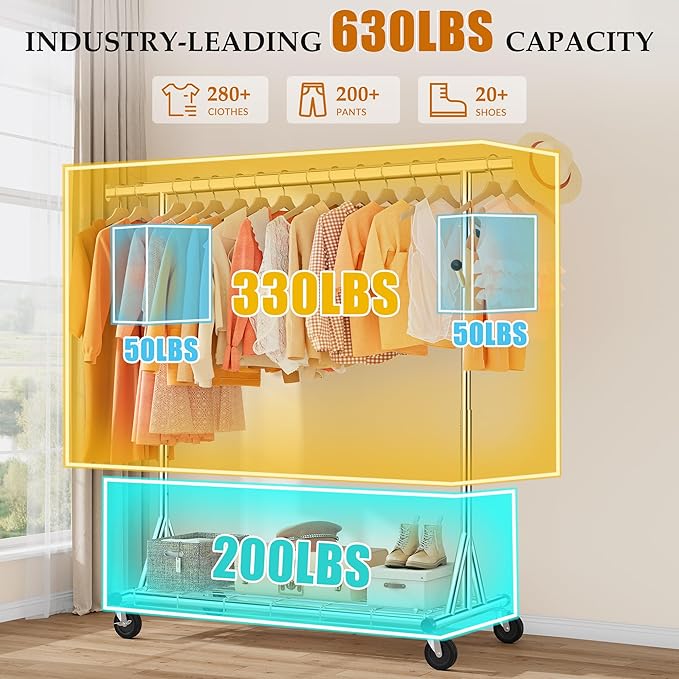 Gewudraw Clothes Rack Heavy Duty With 4" Wheels,Portable,Collapsible,Chrome | 630 LBS Capacity Rolling Clothing Rack, Shelf, Hooks, Adjustable Height, Extendable Rod, Garment Rack For Wardrobe, Bedroom
