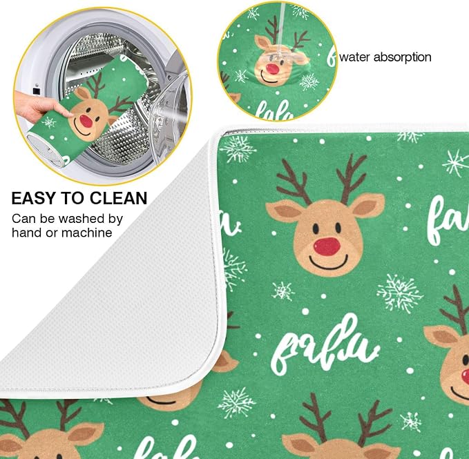 Christmas Reindeer Green Dish Drying Mat for Kitchen Countertop 18x24 Winter Snowflake Xmas Large Drying Mat Reusable Quick Dry Dish Sink Mats Easy Clean Decorative Essentials